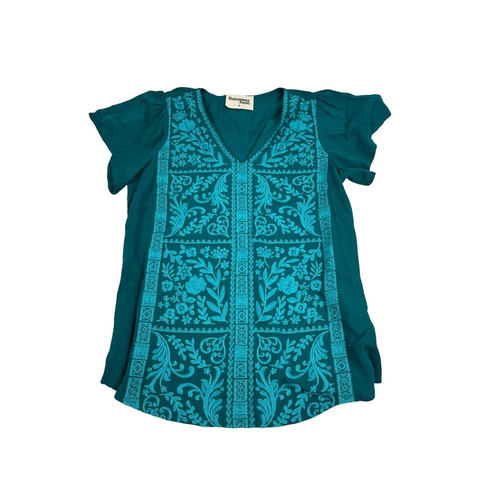 Savanna Jane Teal Green Embroidered V-Neck Flutter Sleeve Tunic Top M